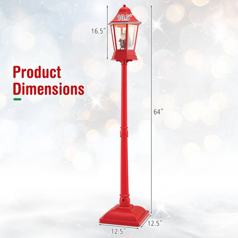 Red Musical Christmas Street Lamp with LED Lights and Snow Globe Scene for Santa or Snowman Decor - 12.5" x 12.5" x 64"
