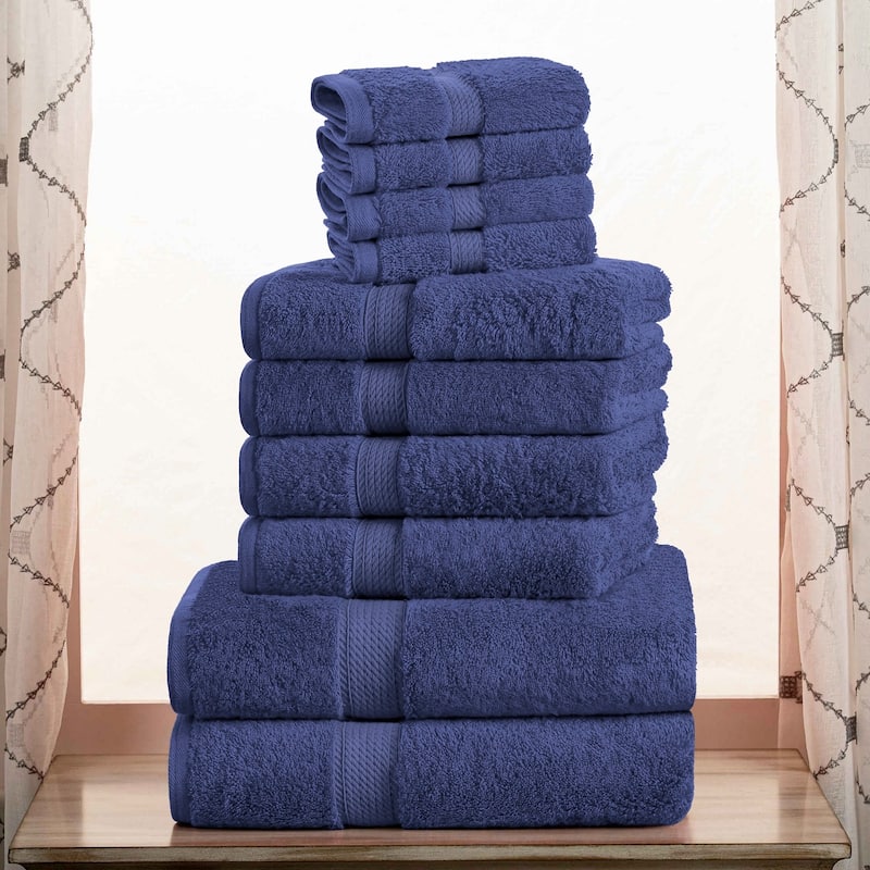 Superior Egyptian Cotton Heavyweight Solid Plush Towel Set - 10-Piece Set - Navy Blue