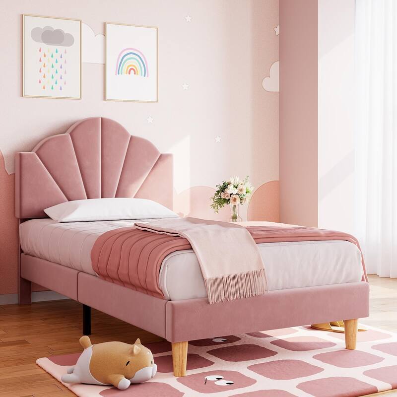 Velvet Upholstered Twin Platform Bed Frame, with Height Adjustable Headboard - Pink