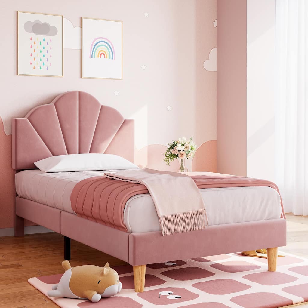 Velvet Upholstered Twin Platform Bed Frame, with Height Adjustable Headboard
