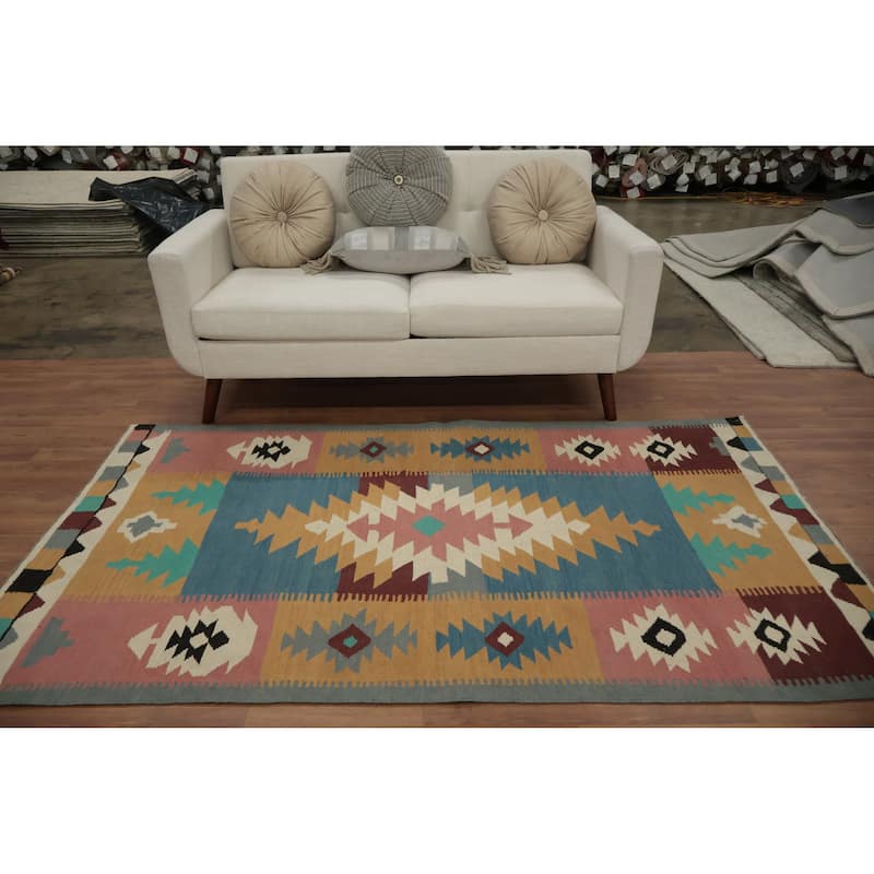 Hand Woven Oriental 100% Wool Carpet Southwestern Tribal Multi-Colored Kilim Area Rug - 7' 0'' X 4' 2''