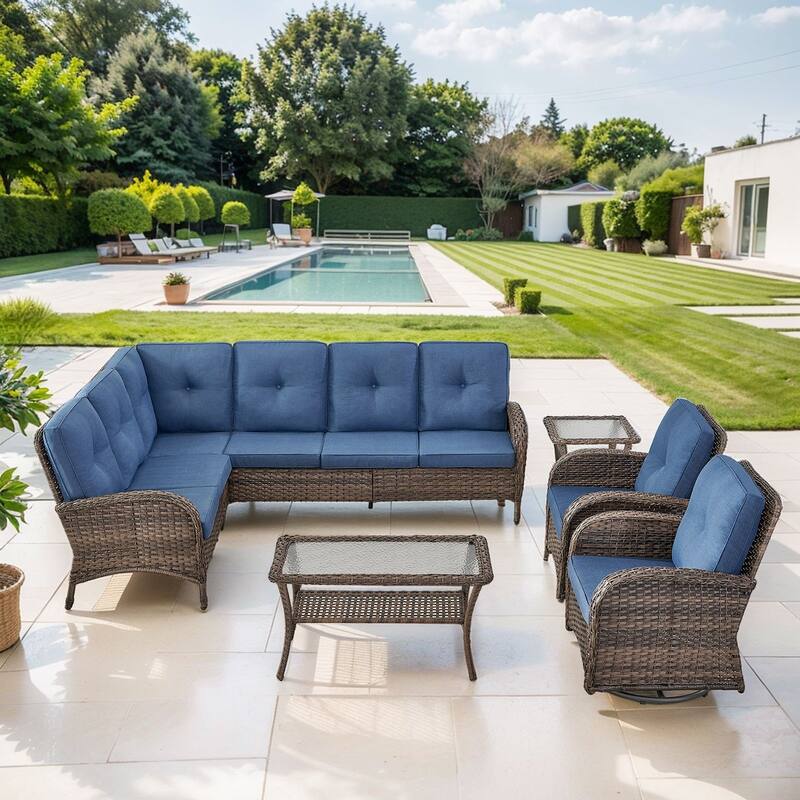 Gymojoy L-Shaped Outdoor Sectional Sofa Set, PE Wicker Couch with Water-Resistant Olefin Cushions - 5-Piece included Swivel Chairs - Blue