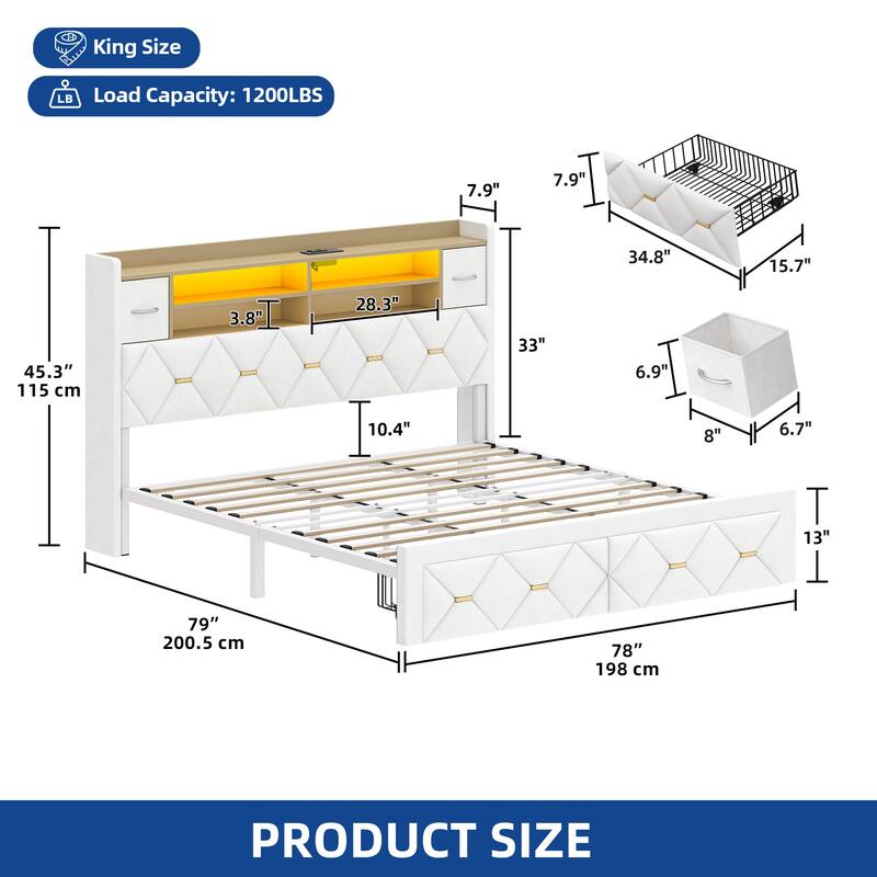 Moasis Upholstered Bed Frame with Storage Headboard And Charging Station and LED Light