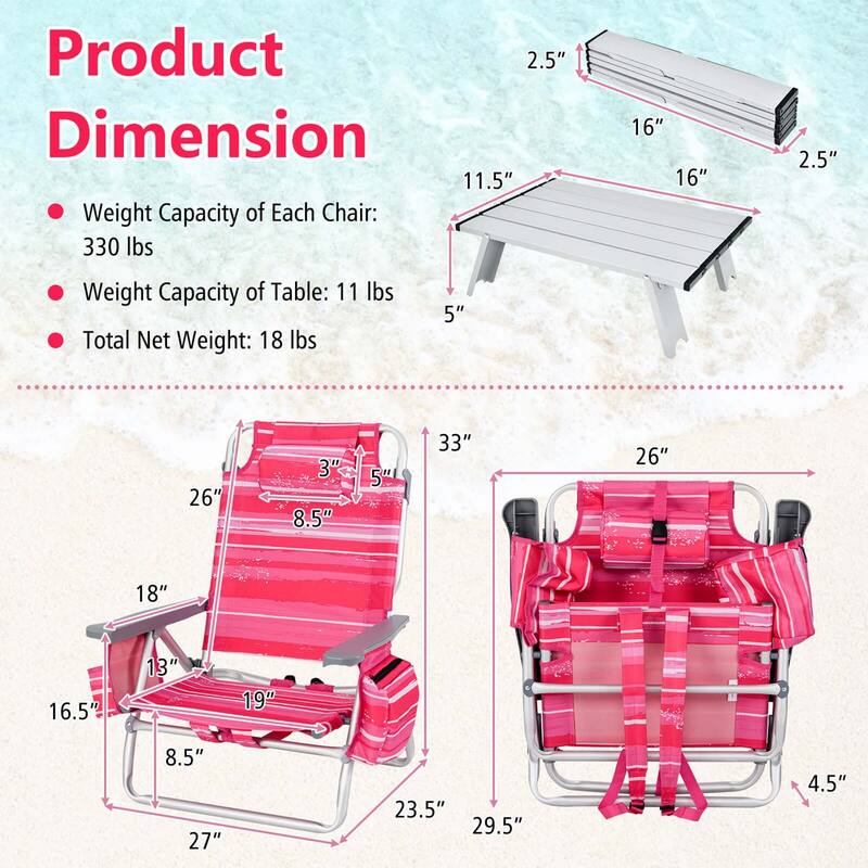 Costway 2-Pack Folding Backpack Beach Chair Table Set 5-Position