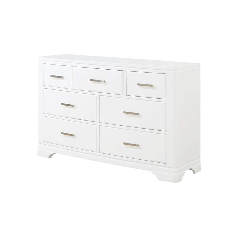 Hudy 56 Inch Dresser, 7 Drawers w Metal Handles, White Birch Veneer