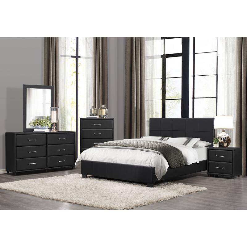Contemporary Durable Black Faux Leather Covering 1pc Chest of Drawers Silver Tone Bar Pulls Stylish Furniture