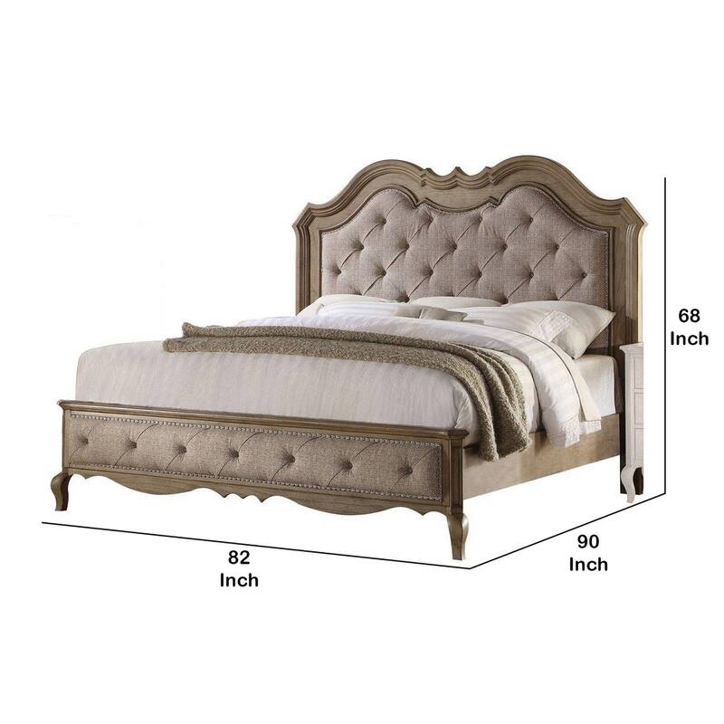 Button Tufted Fabric Eastern King Size Bed with Molded Details, Beige