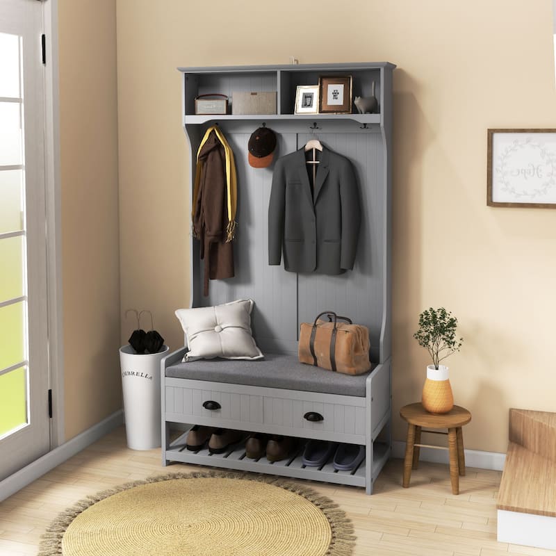 Hallway Hall Tree Cabinet Storage Cabinet with Comfortable Seating and Slatted Shoe Shelf, Coat Rack with Drawers
