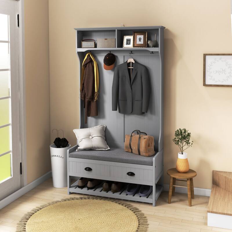 Modern Coat Rack with Entry Bench Shoe Rack 2 Drawers 4 Hooks and Upholstered Seat for Entry and Hallway