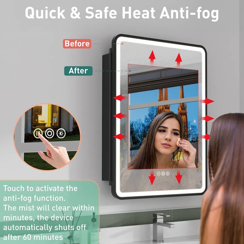 Milo LED Iron Medicine Cabinet with Mirror, Dimmable, Anti-fog, Adjustable Glass Shelves, Recessed or Surface Mount