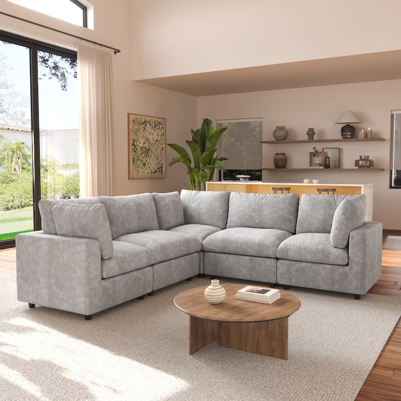 100.5'' V-shape Cloud Corner Sectional Sofa Chenille 5-Piece Modular Couch for Living Room Set - Grey-5seats