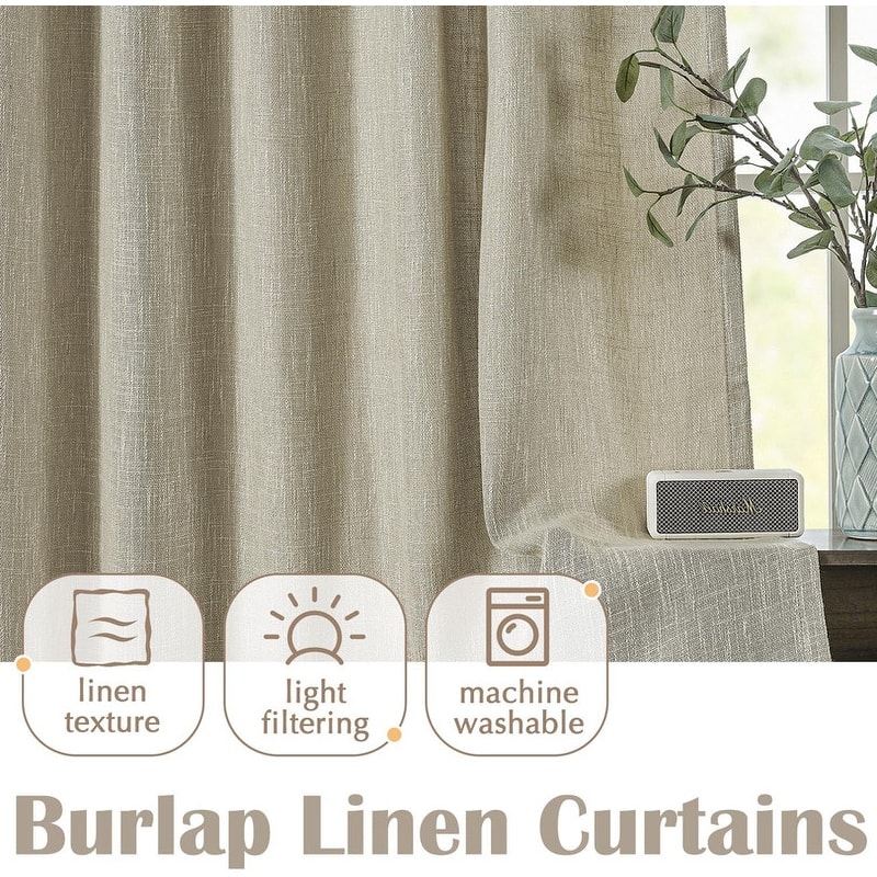 96 Inch Light Filtering Farmhouse Curtains Burlap Look Textured