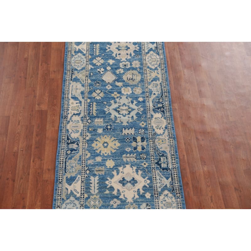 Hand Knotted Oriental 100% Wool Carpet Transitional All-Over Navy Blue & Blues Oushak Runner Rug - 19' 5'' X 2' 7''