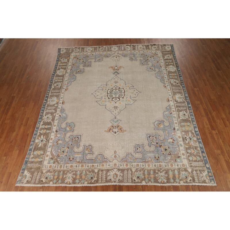 Medallion Tabriz Persian Area Rug Beige Handmade Wool Carpet - 9'1"x 11'0"