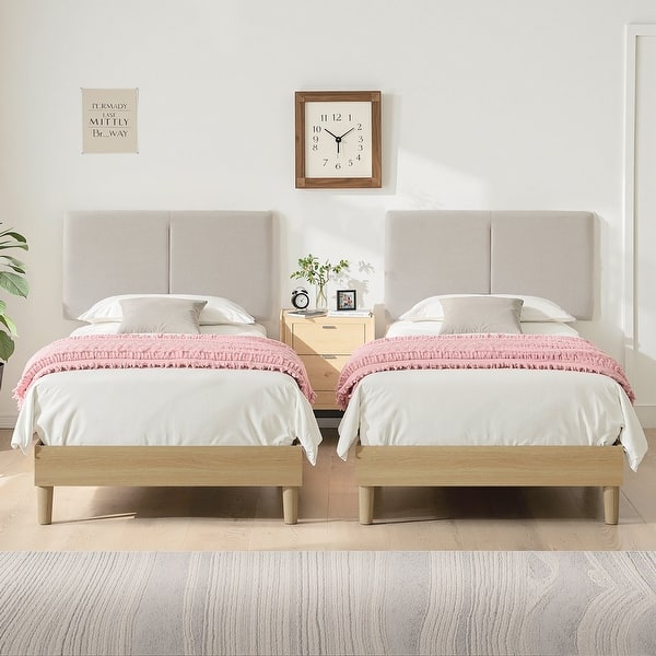 slide 2 of 17, Javlergo Upholstered Platform Bed Frame with 2 USB Charging Station & Adjustable Headboard, Kids Bed Set of 2 Beige