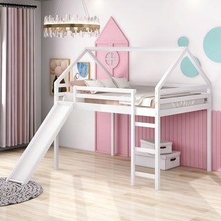 Contemporary Style Full Size Loft Bed with Slide, House Bed with Slide