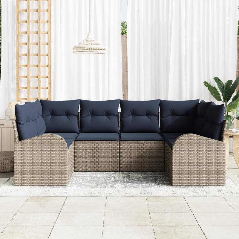 vidaXL 6 Garden Sofa Set with Cushions Black/Brown/Grey Poly Rattan - 92.1 x 48.8 x 27.2