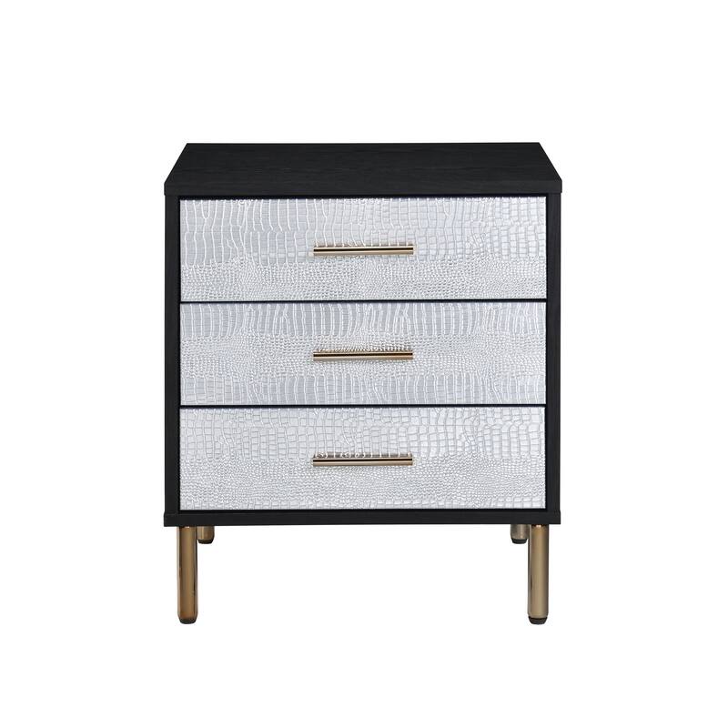 Black, Silver & Gold Finish Nightstand with Three Drawers and Metal Legs