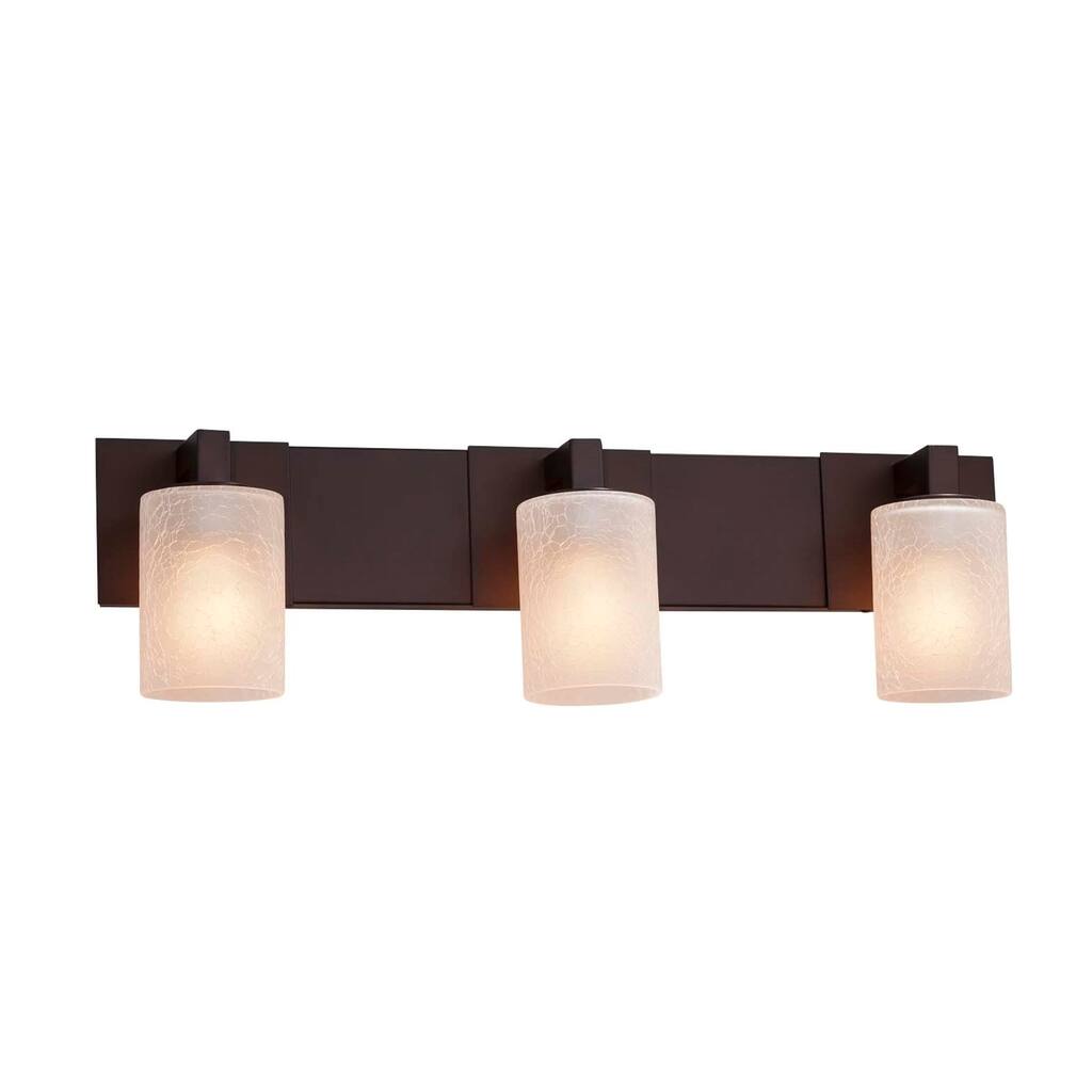Justice Design Fusion Modular 3-light Dark Bronze Bath Bar, Frosted Crackle Cylinder w/ Flat Rim Shade