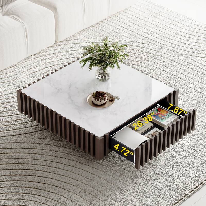 33.46" Modern Square Coffee Table,White Fuax Marble Table top, Solid Wood with 1 Drawer
