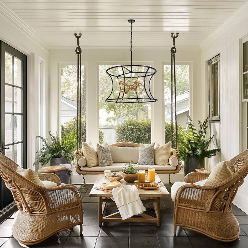 Modern 8-Light 29.5"D Chandelier Black Gold Drum-Shaped Large Pendant for Dining Room - Drum