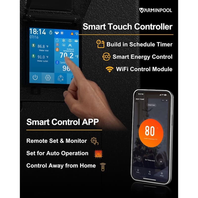 65000 BTU Electric Pool Heat Pump for 20000 Gallon Above Ground and Inground Pools