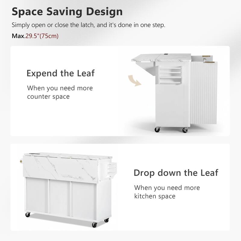 55.5" Storage Power Outlet Kitchen Island with Drop Leaf and 3 Drawers