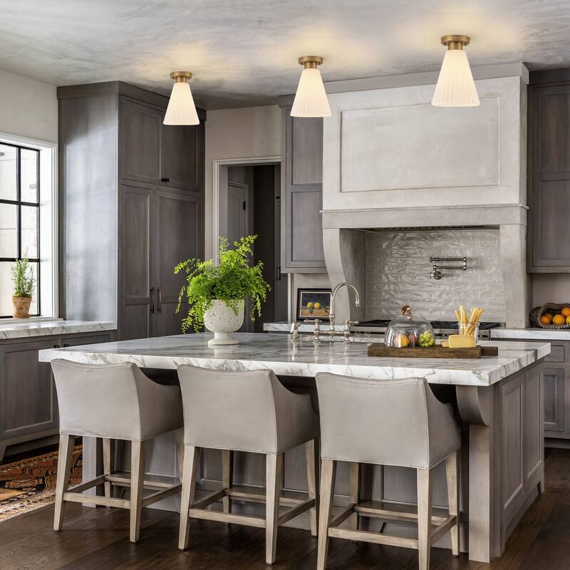 Vintage 1-Light Glass Cone Flush Mount Ceiling Light - Brass