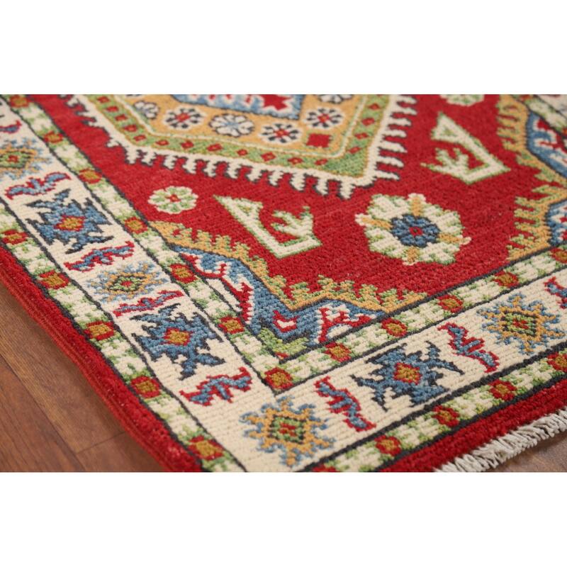 Red Kazak Foyer Rug Hand-Knotted Geometric Wool Carpet - 2'0" x 3'2"