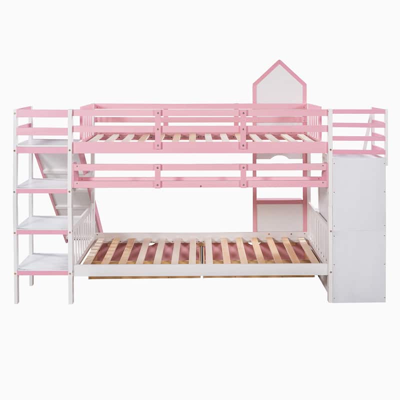 Twin-Over-Twin Wood Bunk Bed with Drawers, Shelves and Slide