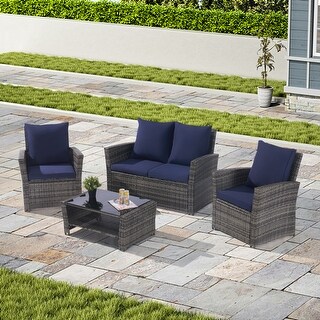 4 Pieces Outdoor Patio Furniture Sets Garden Rattan Chair Wicker Set, Poolside Lawn Chairs with Tempered Glass Coffee Table Porch Furniture