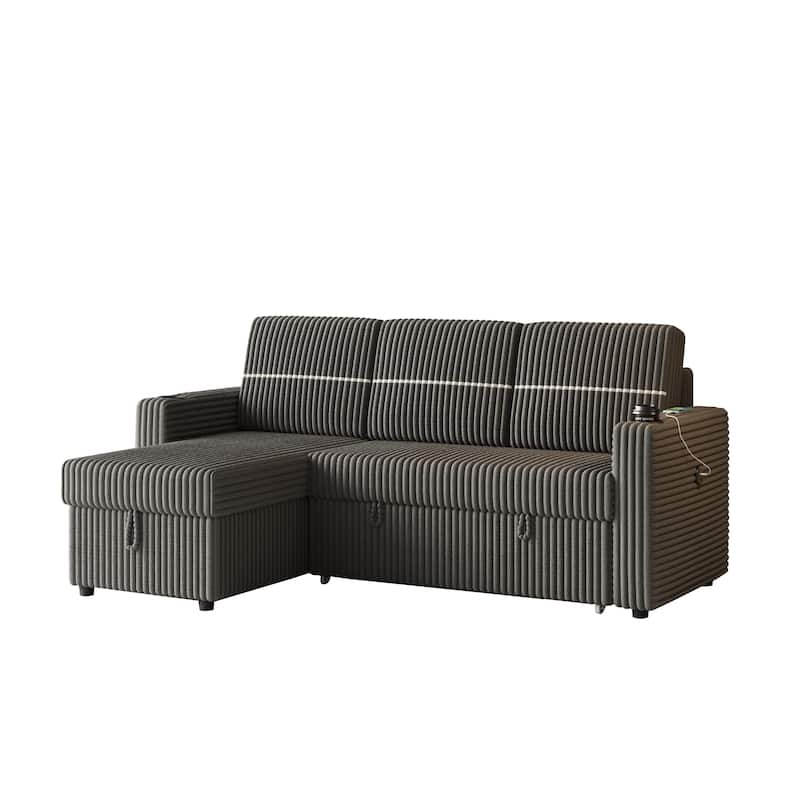 85" Corduroy 3-Seater Sleeper Sofa with Storage Chaise, USB Charging and Cup Holders