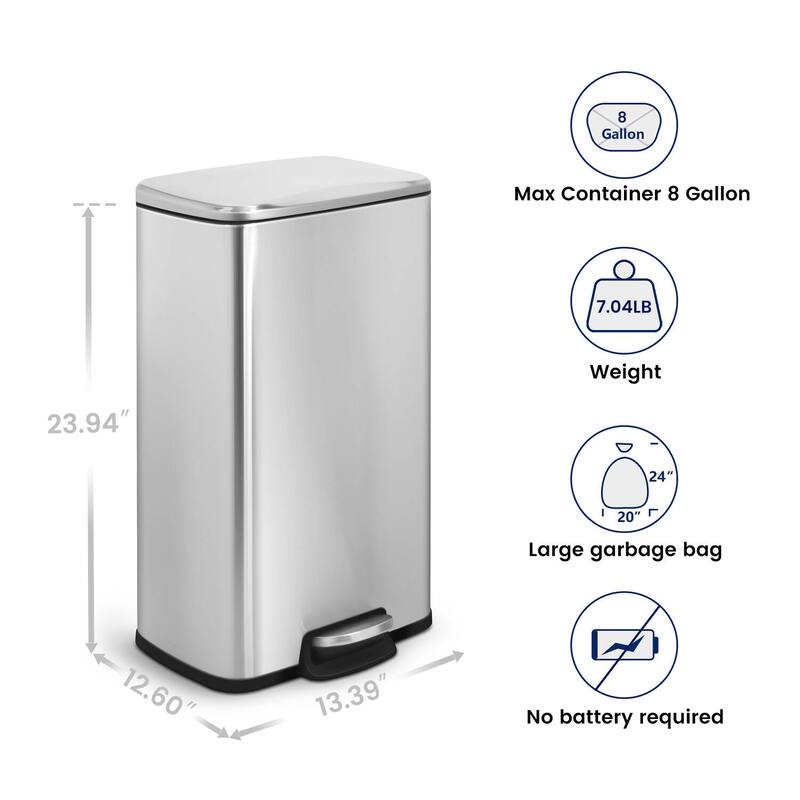 Innovaze 8 Gal./30 Liter Rectangular Stainless Steel step-on Trash Can for kitchen