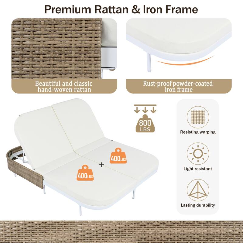 Outdoor Daybed, Patio Rattan Daybed, with 5-Position Adjustable Backrest and Removable Cushions & Pillows