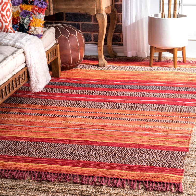 Nuloom Handmade Tribal Stripes Tassel Area Rug - 5' x 8' - Orange - Rectangle