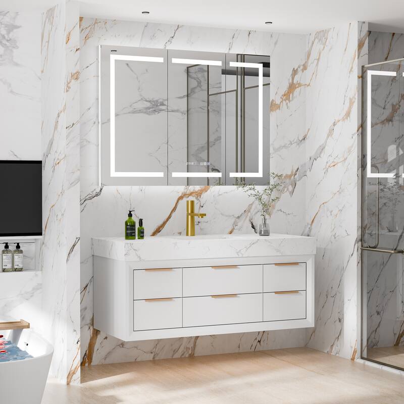 36/48/60 Modern Floating Bathroom Vanity with Sinle/Double Sink & Soft-Close Drawers & LED Lighting & Waterproof, White