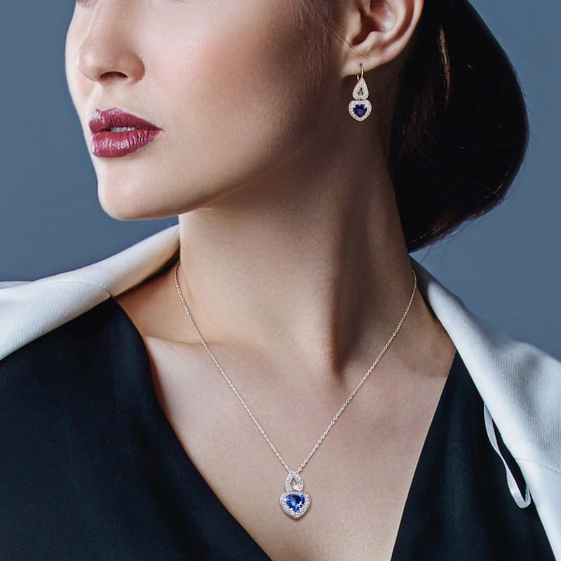 Miadora 8-5/8ct TGW Created Blue White Sapphire Heart Necklace and Earrings Set Sterling Silver