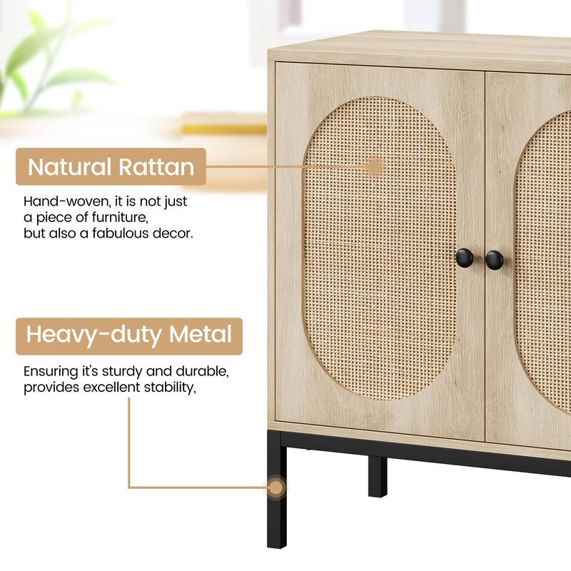 Rattan Buffet Cabinet with Natural Rattan Doors, Sideboard Storage Cabinet with Adjustable Shelf