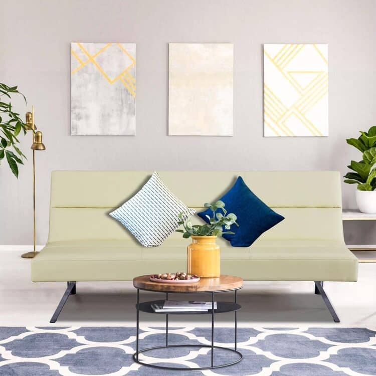 Modern Faux Leather Futon Sofa Bed - Convertible Folding Couch with Chrome Legs, Small Reclining Sofa