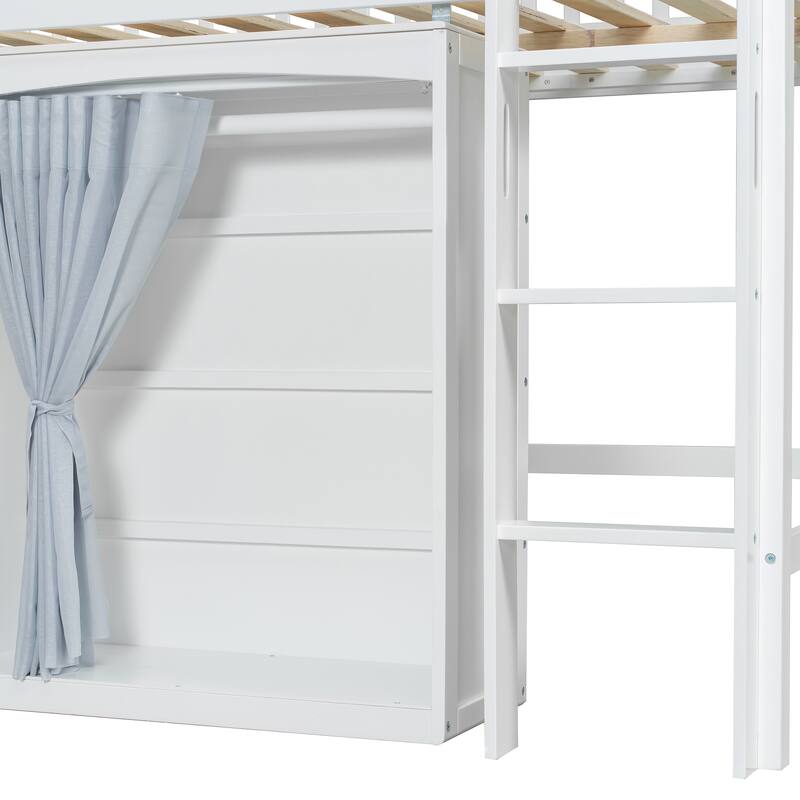 Roomfitters Twin/Full Size Loft Bed with Storage Cabinet, Wardrobe and LED Light