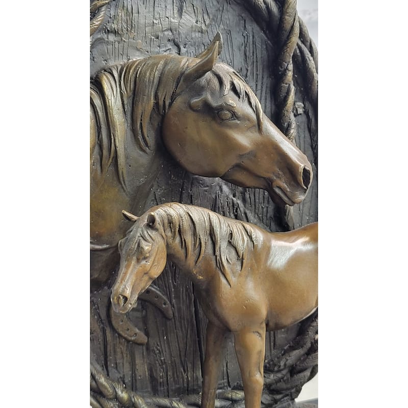Equestrian Horse Lover Decor Mare Foal Bronze Sculpture Statue On Marble Base