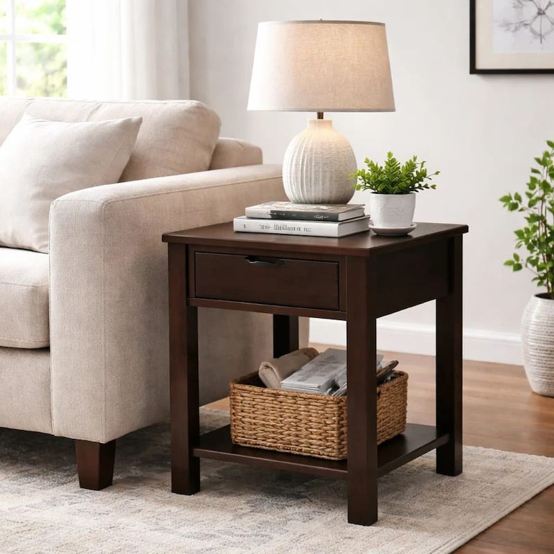 Xav 24 Inch End Table, Composite Wood, Open Shelf, Darkened Brown Finish