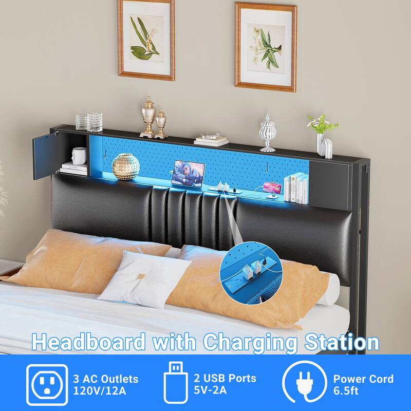 Upholstered Headboard with Storage Shelf and Small Cabinet, Headboard Power Outlet and LED Light