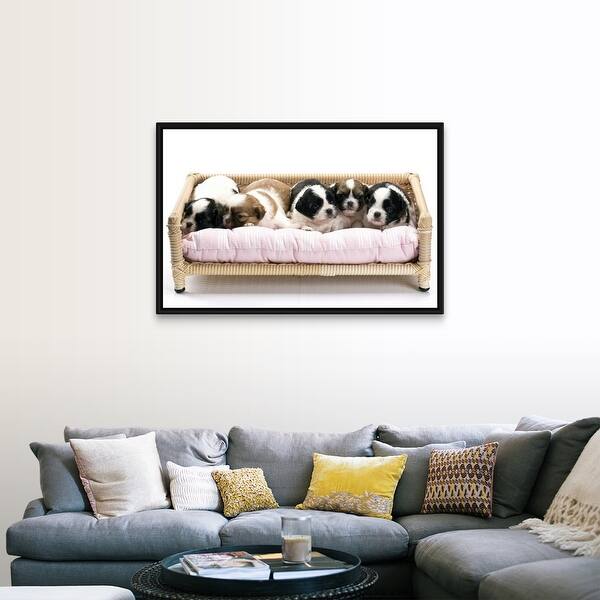Shop Five Dogs Sitting On Toy Sofa Black Float Frame Canvas Art Overstock 25502871