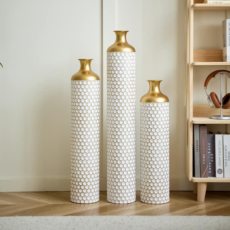 Floor metal vase decoration home droplet shaped white metal vase 3-piece set gorgeous home decoration large glazed metal vase