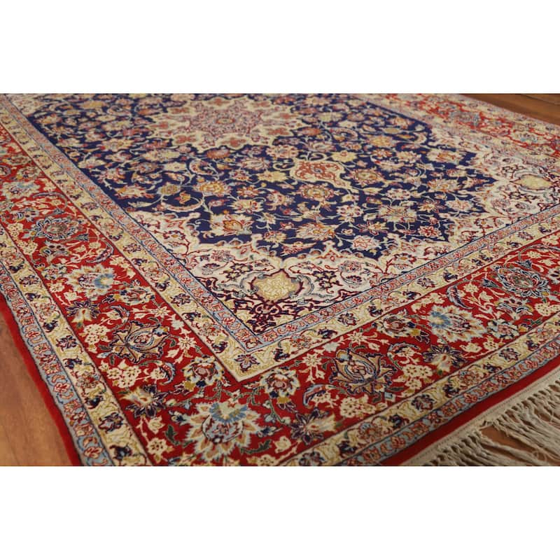 Hand Knotted Oriental 100% Wool Carpet Traditional Floral Navy Blue & Blues Isfahan Area Rug - 7' 5'' X 4' 9''