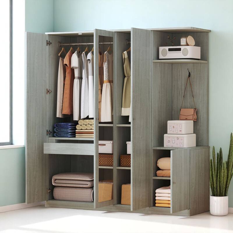 Modern Particle Board Wardrobe with Mirror, 2 Hanging Rails, 1 Drawer, Shelves and Safety Lock, 65.9" Tall