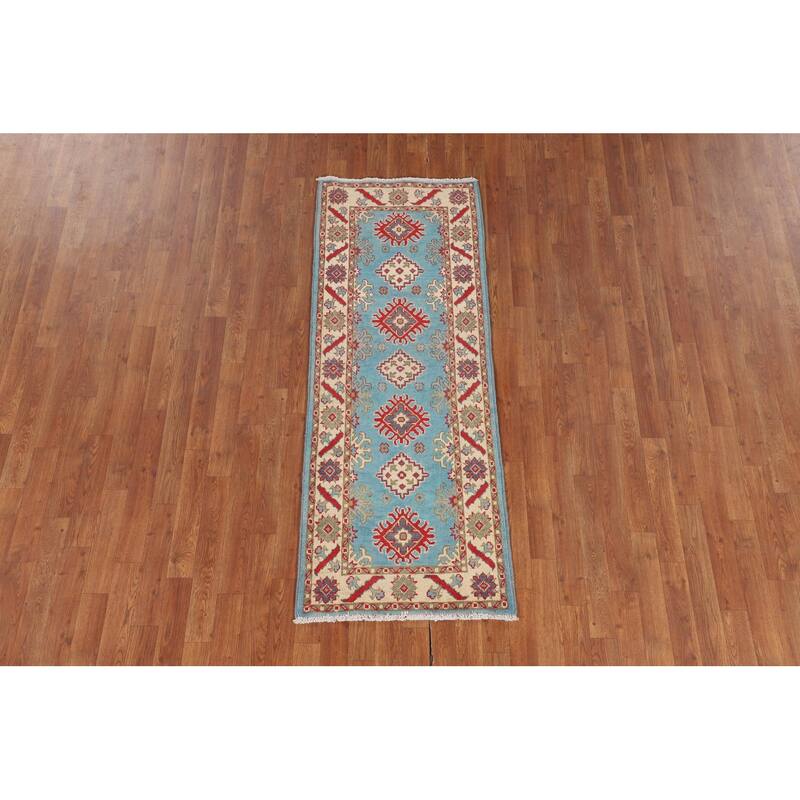 Light Blue Kazak Runner Rug Handmade Wool Carpet - 2'2" x 5'11"