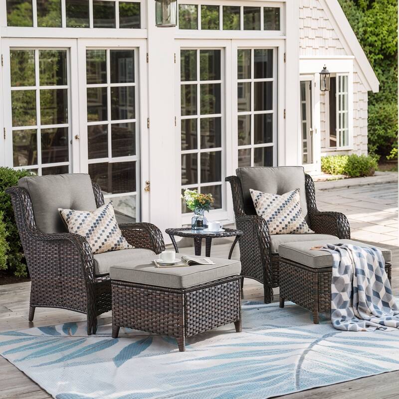 Outdoor Rattan Chair with Coffee Table and Ottoman - 5PCS - Patio Chair w/ Ottoman Table - Brown Rattan - Grey Cushion