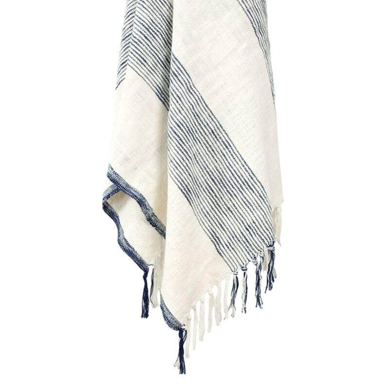HomeRoots 50" X 60" Blue And Ivory Cotton Woven Striped Throw Blanket with Fringe